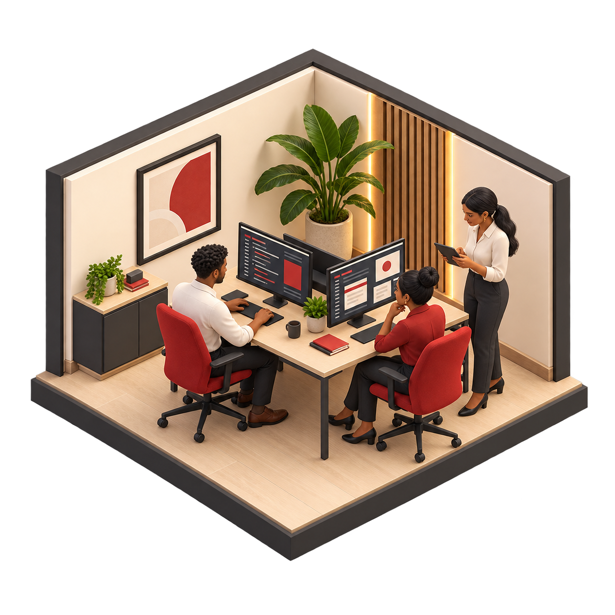 Isometric illustration of a digital workspace where a tailored software solution takes shape.