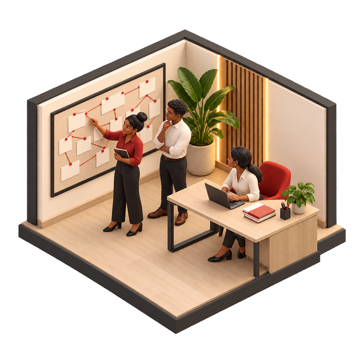 Isometric illustration of a team exploring workflows and information on a discovery board.