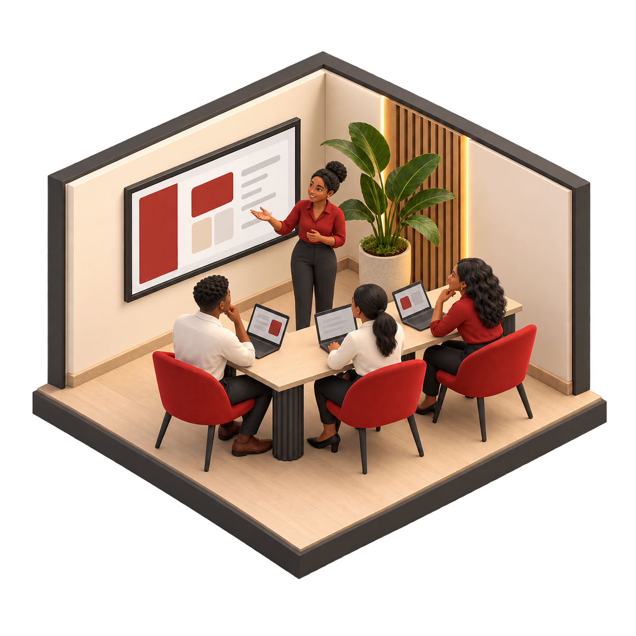Isometric illustration of a practical workshop helping a team confidently use a new digital solution.