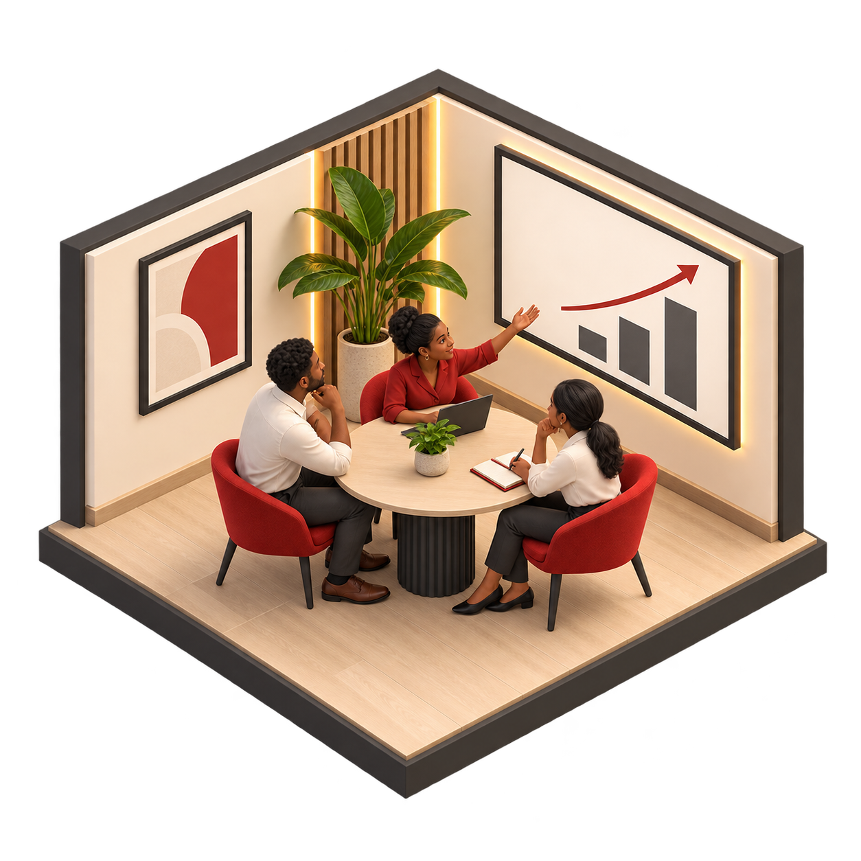 Isometric illustration of a consultant and team reviewing results and planning their next improvement.