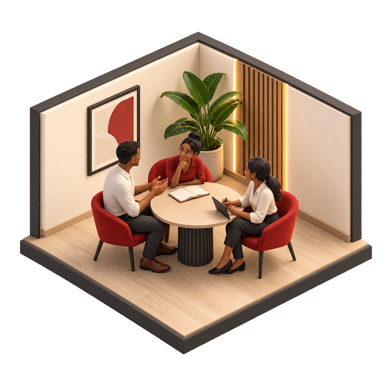 Isometric illustration of a consultant and an organisation sharing their goals in a discussion.