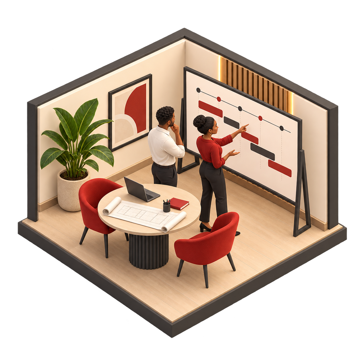 Isometric illustration of a consultant and team agreeing a practical roadmap.