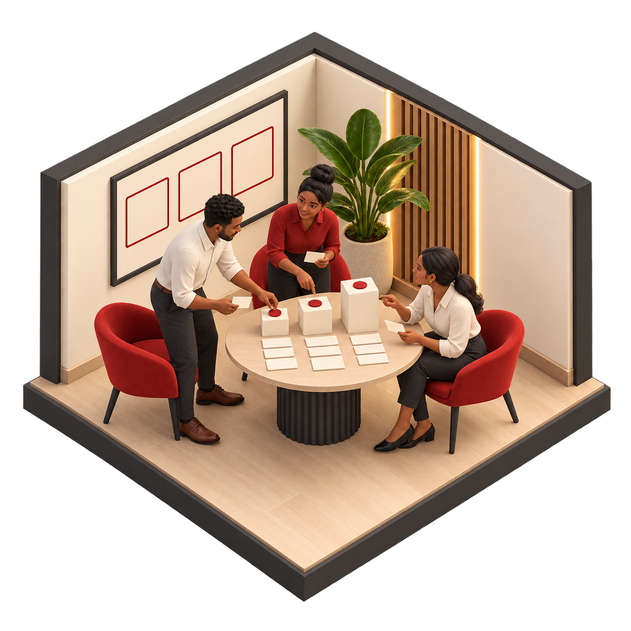 Isometric illustration of a team weighing priorities and choosing a practical first step.